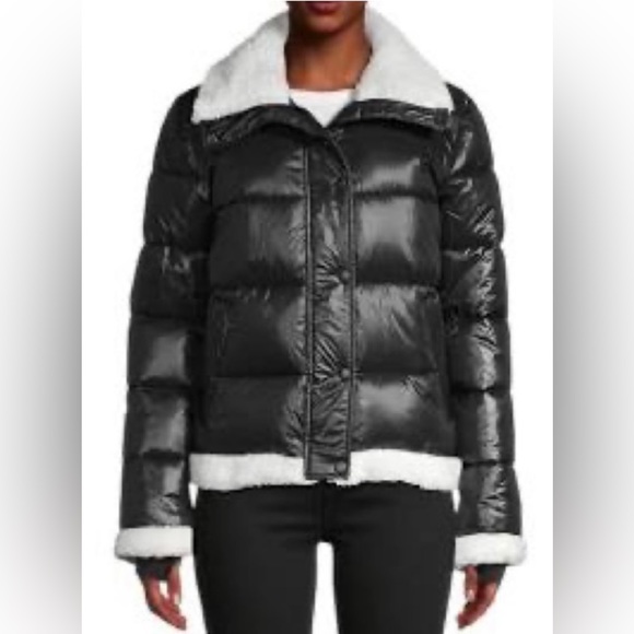 7 FOR ALL MANKIND PUFFER JACKET , BLACK AND WHITE FAUX FUR TRIM EXTRA WARM - Picture 3 of 16